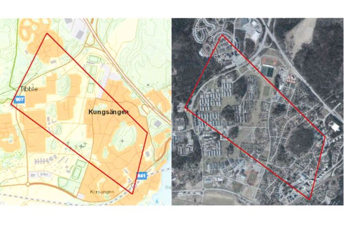 Bild på karta över Kungsholmen där kameraövervakning med UAS kommer ske.