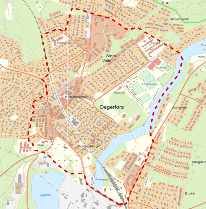 Polismyndigheten har fattat beslut om kamerabevakning med drönare i samband med länsderbyt mellan Degerfors IF och Örebro SK den 22 oktober. Berört område framgår av bilden.