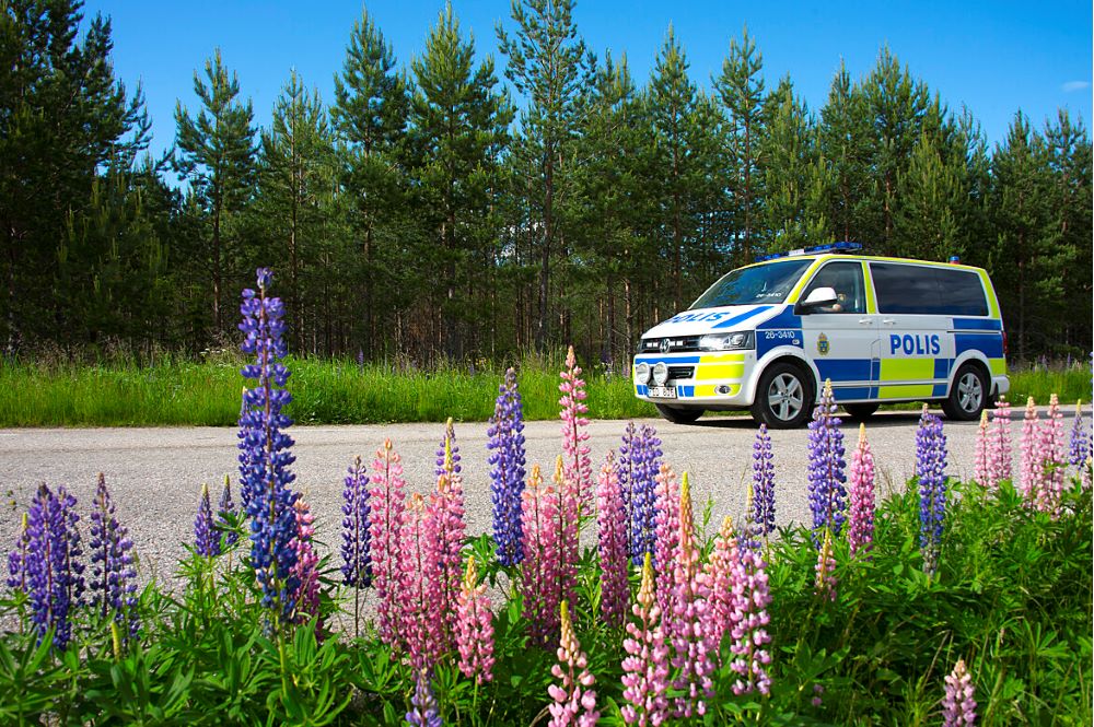 En polisbil vid blommor