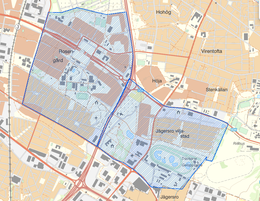 Karta över området kring Rosengård som bevakas med drönare.