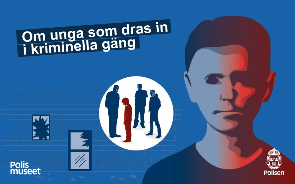 Bilden föreställer en tecknad tonårspojke. I bakgrunden visas två trasiga fönster och tre äldre pojkar som försöker prata med en tonårspojke. Texten "Om unga som dras in i kriminella gäng" står också i bilden.