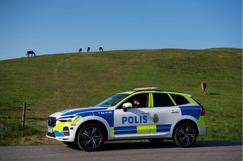 Polisbil parkerad vid grön kulle