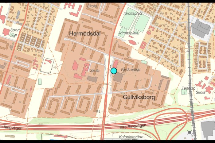 Kartbild över områdena Gullviksborg och Hermodsdal där Ibrahim blev skjuten på Eriksfältsgatani Malmö