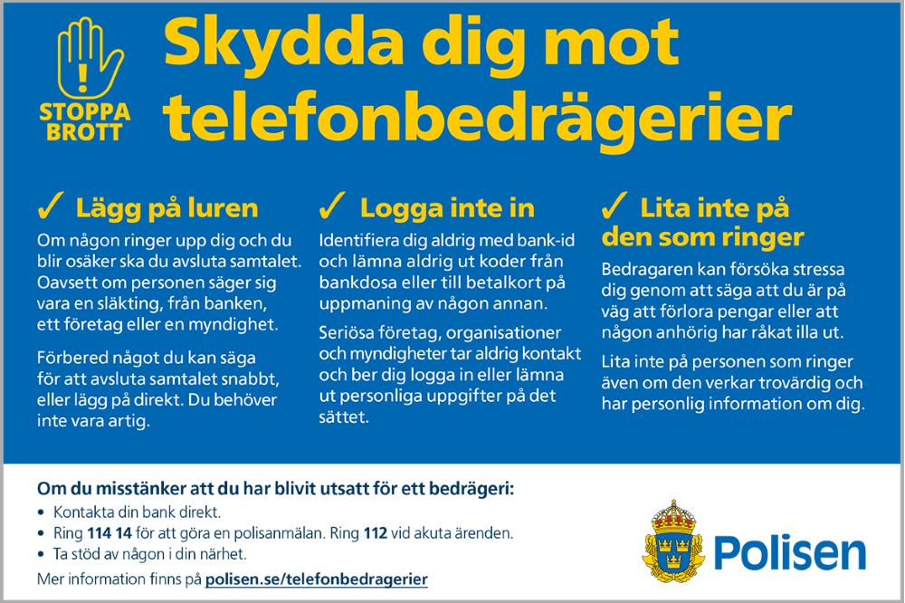 Skydda dig mot telefonbedrägerier. Se informationspunkterpå sidan.