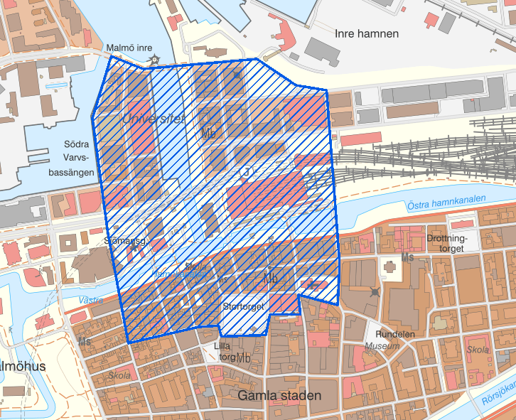 Karta över området i centrala Malmö som bevakas med drönare.