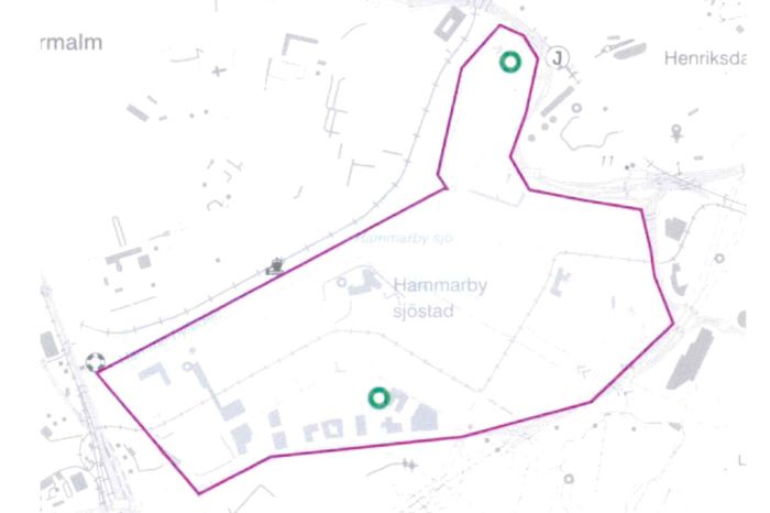Bild på karta över Hammarby Sjöstad där kameraövervakning med UAS kommer ske.