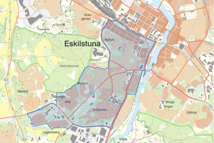 Kartbild som markerar säkerhetszonen Nyfors, Myrtorp, Fröslunda, Råbergstorp och Lagersberg.