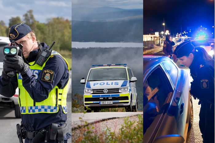 Bildkollage med tre bilder. En polis som mäter hastighet, en polisbil och en polis som pratar med en bilförare.